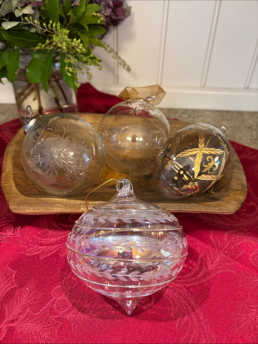 VTG Set of 4 Unique Hand -Blown Clear Glass Holiday Ornaments- Etched/ Gold